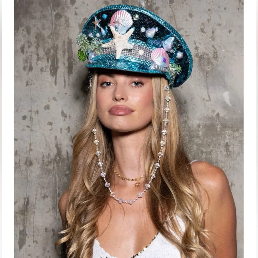 SpiritHoods Oceanic Blue Sequin Seashell Festival Captain Hat - Picture 1 of 3